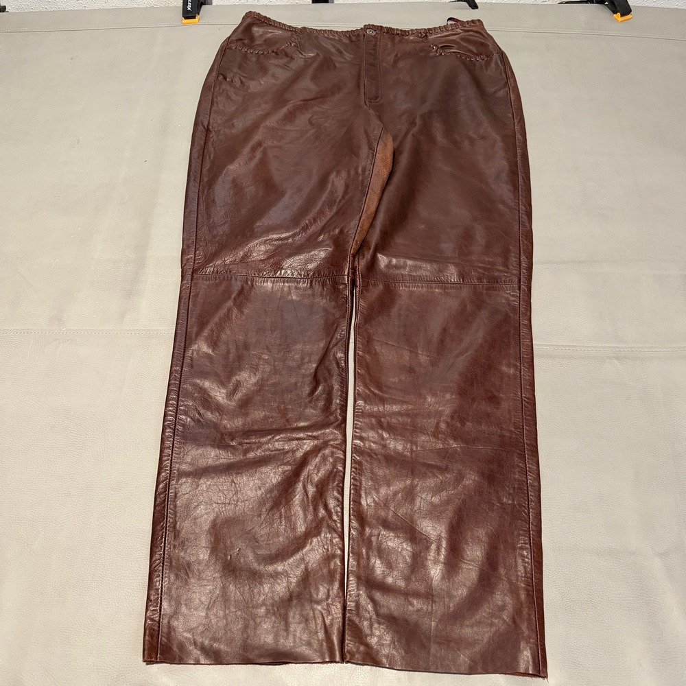 VTG Y2K Brown Leather Straight Pant Whipstitch Women Western Rodeo 16 Plus-L-